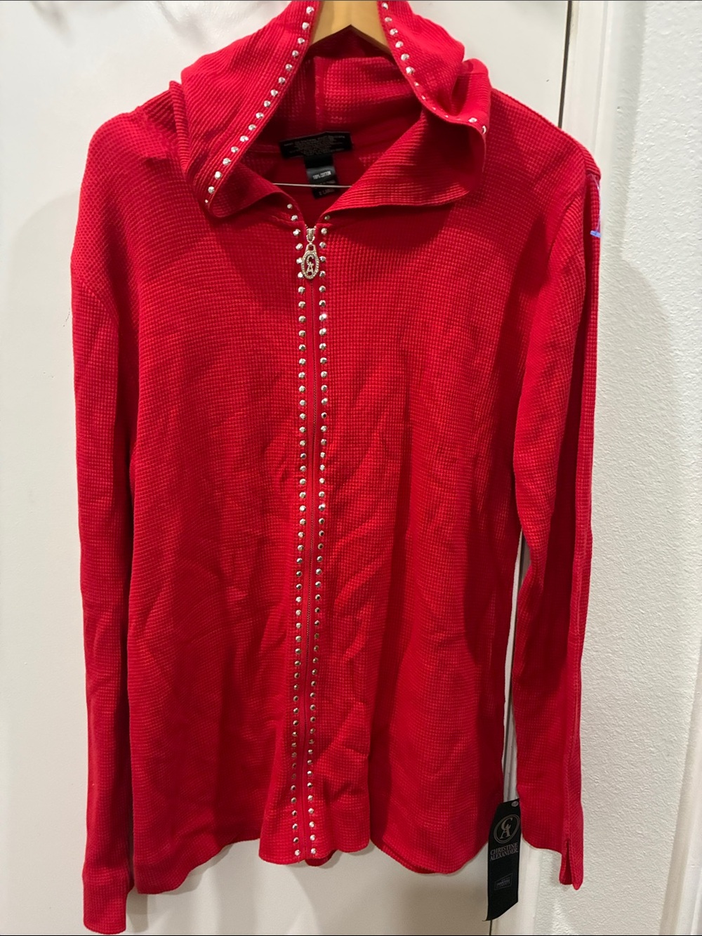 Christine Alexander Red Stud-Trim Zip Cardigan Jacket